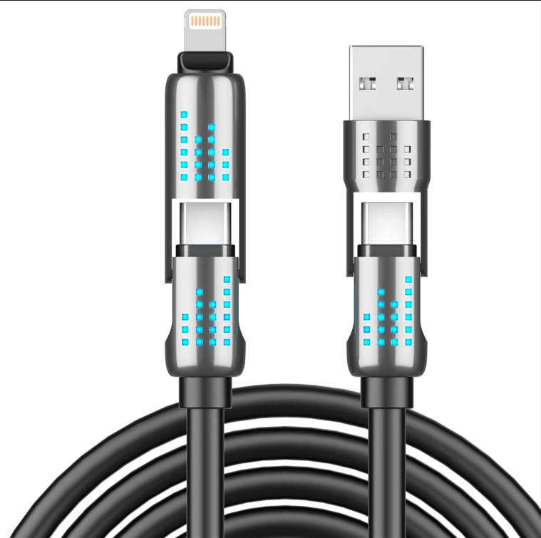 240W 4-in-1USB-C Cable - PD 5A FastCharging & Data Sync with USB A,TYPE C &Lightning,Breathing Light,Aluminum AlloyDesign,4FT Silicone Cable, Compatible withiPhone 16/15,iPad Pro, Samsung, andLaptops