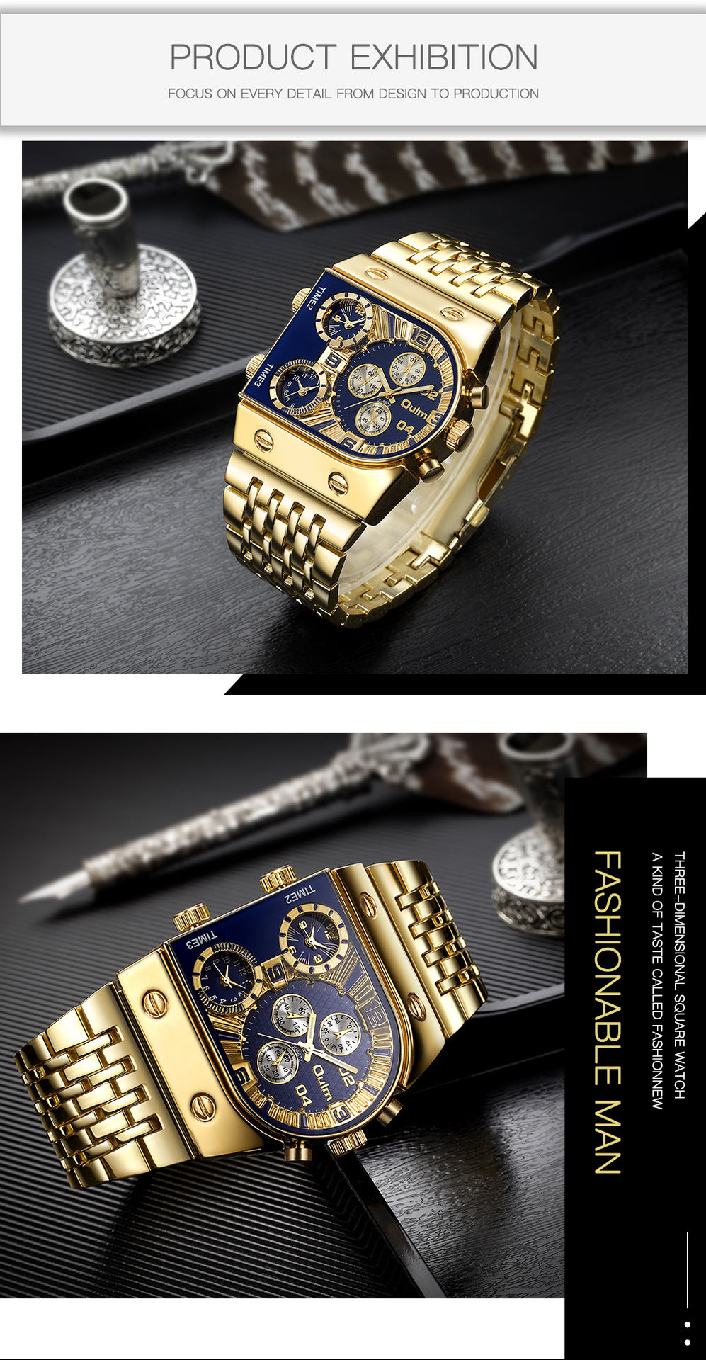 New multi zone large dial luminous men's watch with steel strip for casual cross-border quartz watch in gold