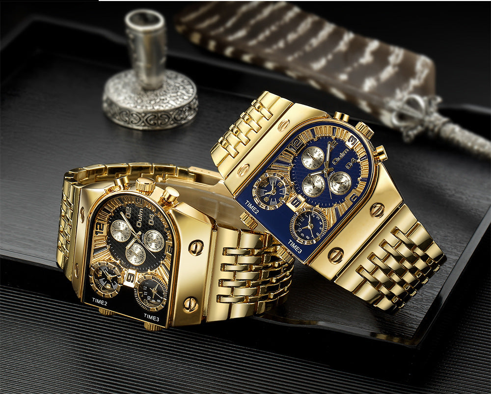 New multi zone large dial luminous men's watch with steel strip for casual cross-border quartz watch in gold