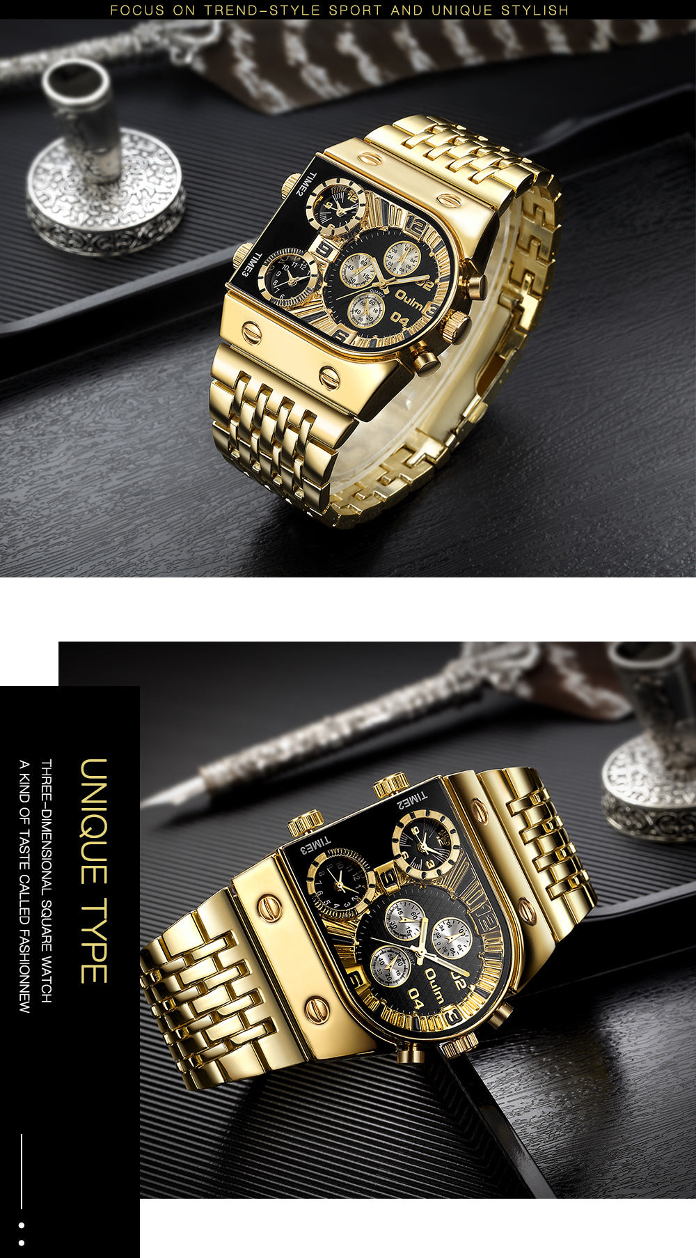 New multi zone large dial luminous men's watch with steel strip for casual cross-border quartz watch in gold